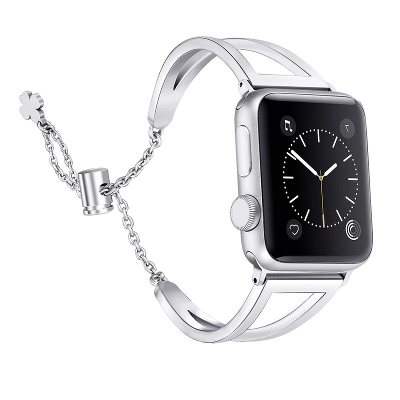 Secbolt Stainless Steel Bands Compatible with Apple Watch Band 42mm 44mm 45mm 46mm 49mm iWatch Series 11/10/9/Ultra/SE/8/7/6/5/4/3/2/1, Dressy Metal Bangle Bracelet Women, Silver - Image 1